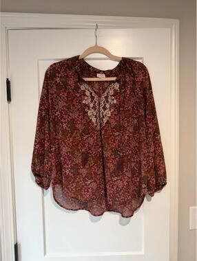 Boho Floral Peasant Blouse XL Burgundy Embroidered Tassel Sheer Top
